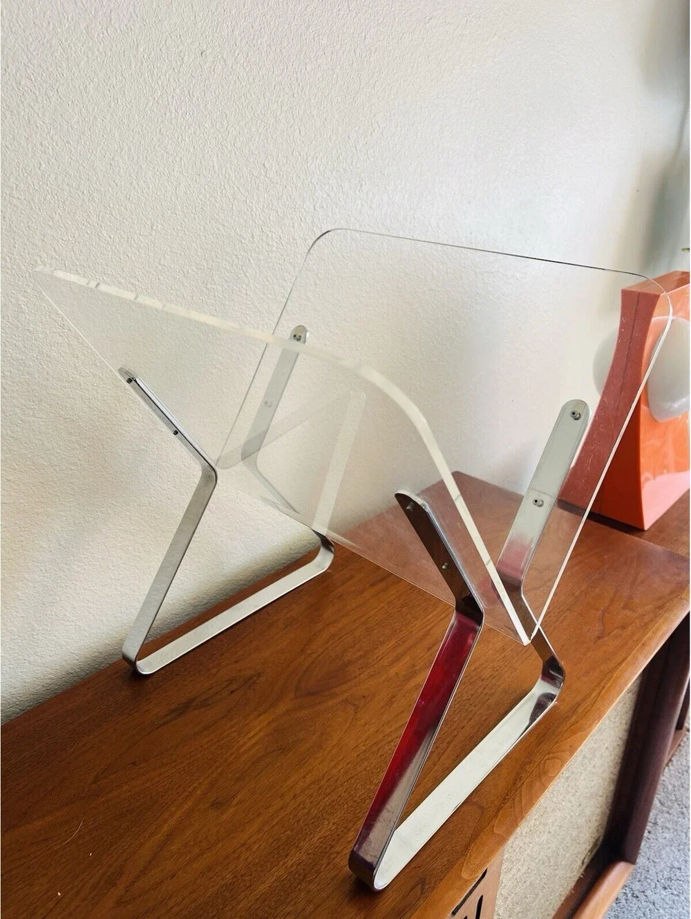Vintage Milo Baughman Style Lucite Chrome Magazine Rack Mid Century Modern